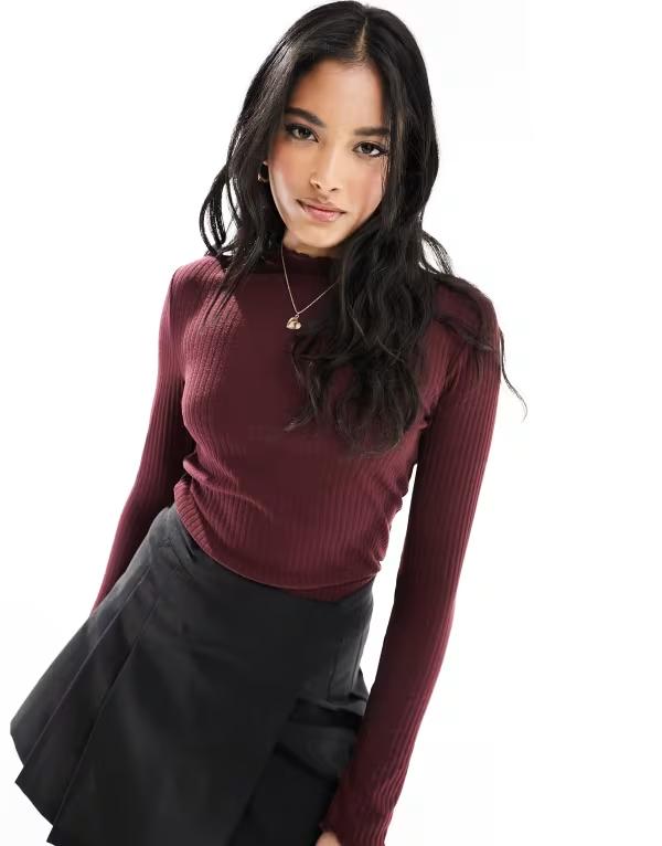 オンリー レディース トップス Tシャツ ハイネック リブ ONLY lettuce edge high neck ribbed top Madder brown ブラウン｜ReVida 店