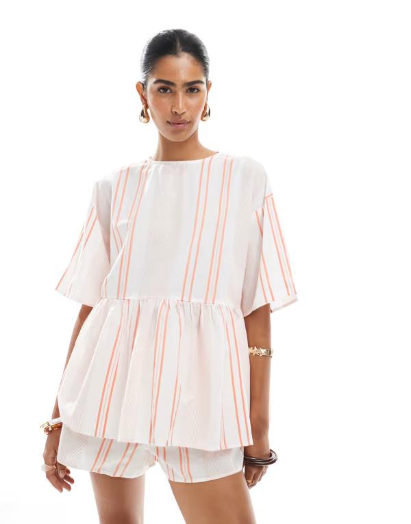 エイソス レディース トップス シャツ ASOS DESIGN oversized peplum short sleeve smock top in orange stripes - part of a set Orange stripe オレンジ
