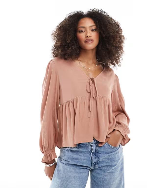 ミスセルフフリッジ レディース トップス シャツ ブラウス Miss Selfridge tie front peplum blouse in mocha Mocha モカ