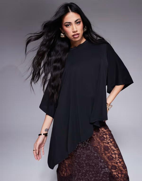 エイソス レディース トップス Tシャツ ASOS DESIGN modal drapey hem T-shirt Black ブラック｜ReVida 店