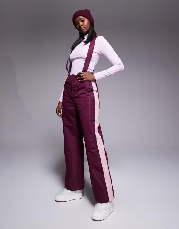 スリードベア レディース ボトムス カジュアルパンツ ストレート パンツ コントラスト Threadbare Ski straight leg pants and pink contrast Fig バーガンディ