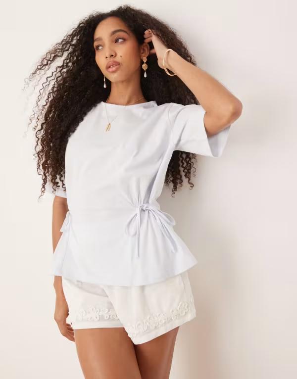 エイソス レディース トップス Tシャツ タイディテール シャツ ASOS DESIGN oversized T-shirt with tie detail in baby Baby blue ブルー