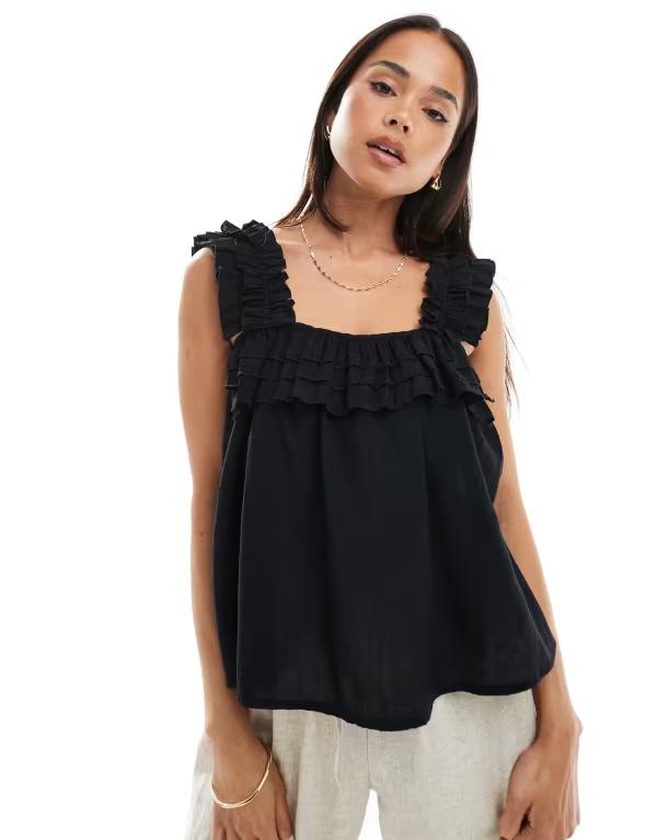 ヴェロモーダ レディース トップス シャツ プリーツ フリル Vero Moda pleated ruffle trim cami top Black ブラック｜ReVida 店 11,920円