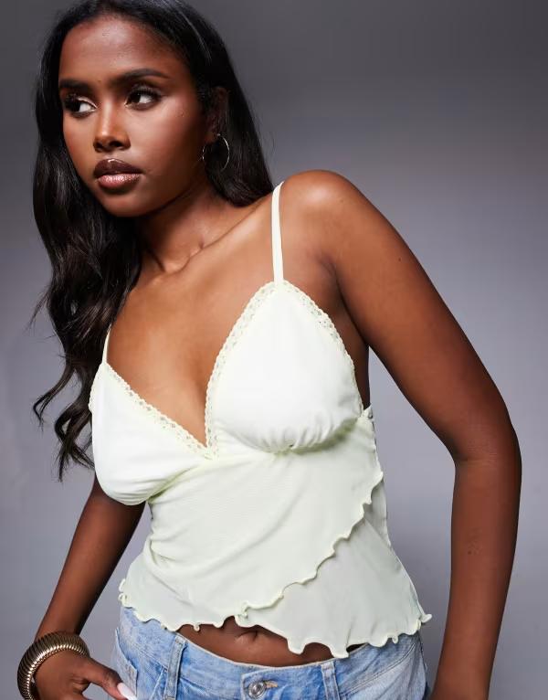 エイソス レディース トップス シャツ メッシュ ASOS DESIGN wrap front mesh cami in lemon LEMON