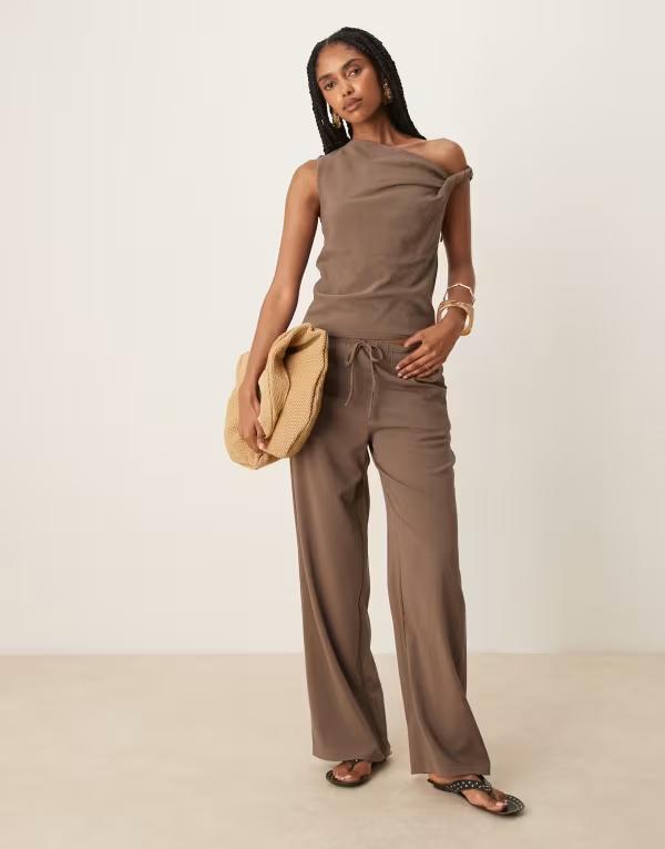 マンゴ レディース ボトムス カジュアルパンツ ストレート パンツ Mango polyamide straight leg tie waist pants - part of a set BROWN ブラウン｜ReVida 店