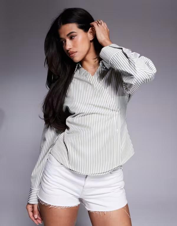 エイソス レディース トップス シャツ ASOS DESIGN wrap shirt with cocoon sleeves stripe Green stripe グリーン