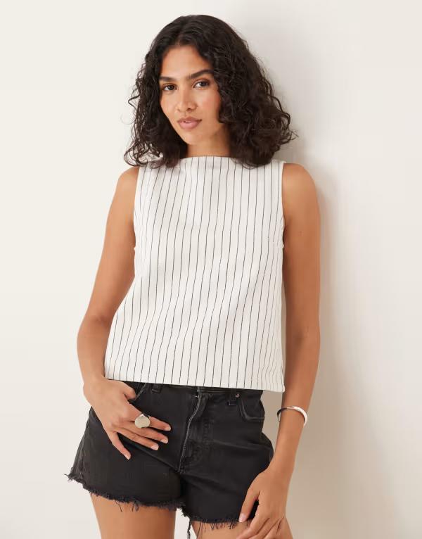 エイソス レディース トップス Tシャツ デニム ASOS DESIGN denim slash neck tank top in ecru stripes ecru エクリュ