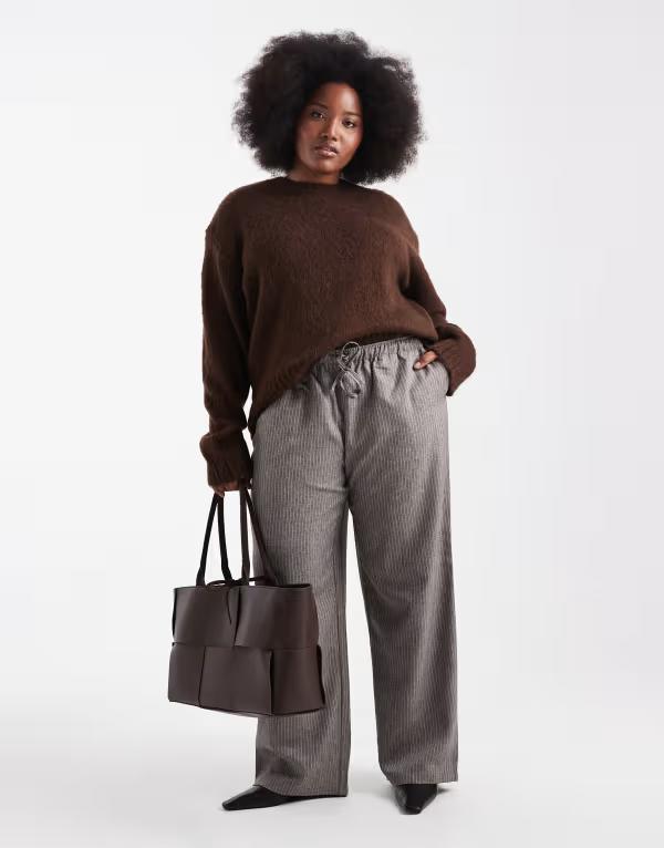 オンリーカーブ レディース ボトムス カジュアルパンツ ワイドレッグ パンツ ONLY Curve wide leg pinstripe pants Mid gray グレー