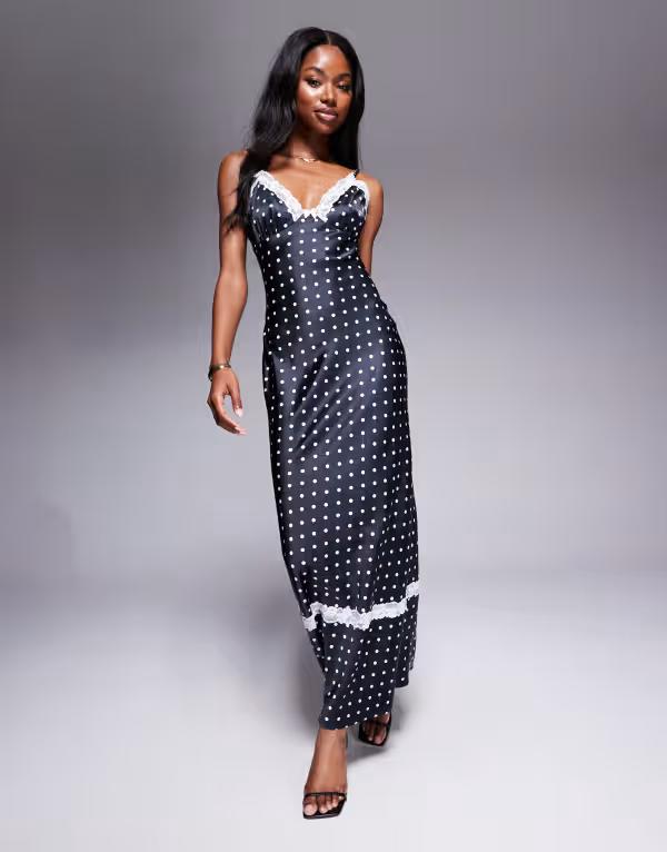 レア レディース トップス ワンピース ドット柄 レーストリム マキシワンピース ドット サテン レース マキシ Rare London satin lace trim maxi dress & white polka dot Black ブラック