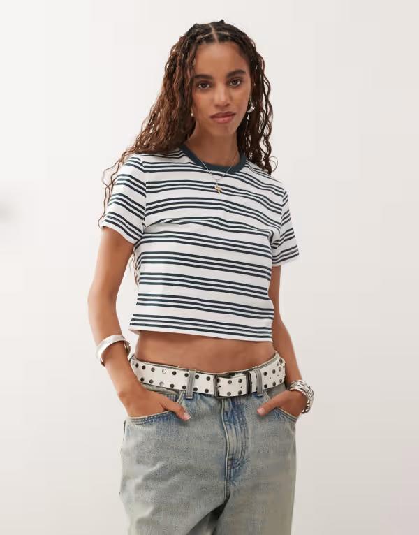 コルージョン レディース トップス シャツ Tシャツ ジャージー COLLUSION jersey striped shrunken tee in stone Stone stripe ストーン