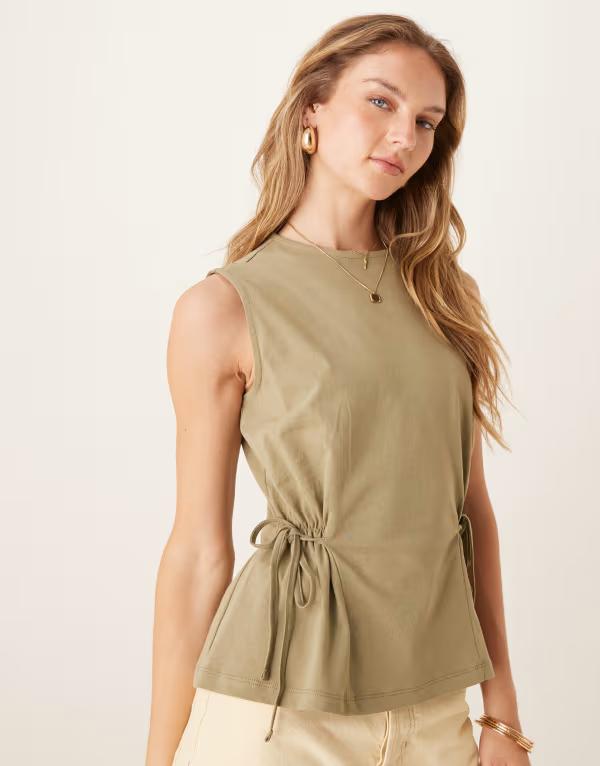 エイソス レディース トップス Tシャツ ノースリーブ ASOS DESIGN sleeveless cinched tee in olive OLIVE オリーブ