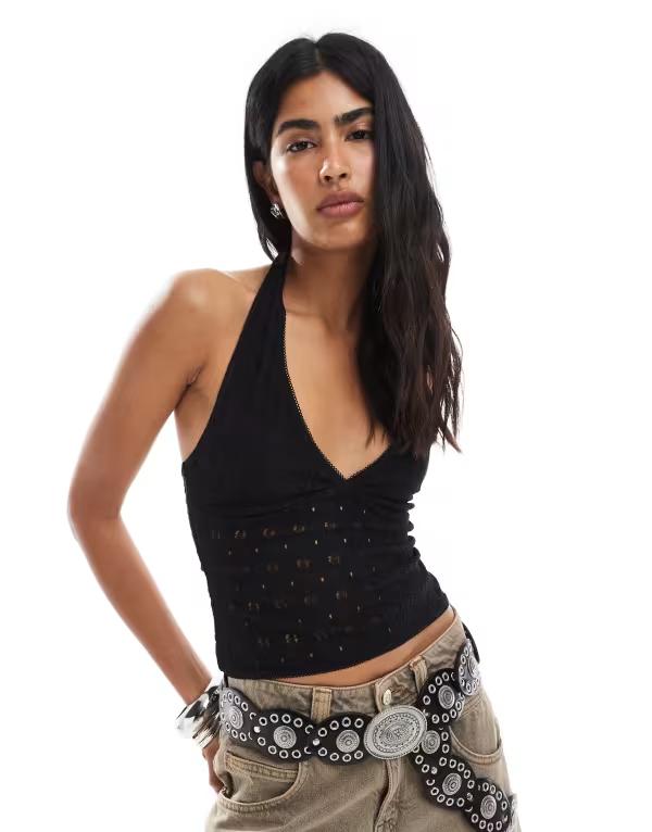 ミスセルフフリッジ レディース トップス シャツ Vネック ジャージー ホルター Miss Selfridge crochet jersey v neck halter top Black ブラック｜ReVida 店