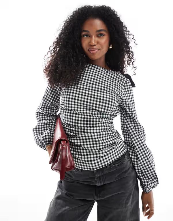 エイソス レディース トップス シャツ ASOS DESIGN check top with bow shoulder detail black ブラック 8,386円