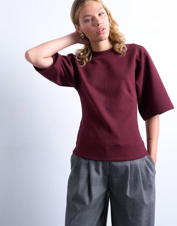 とっ始め販売店 レディース トップス ティーシャツ アクアラング Topshop scuba-style fabric cinch short sleeve tee Burgundy バーガンディ Tシャツ・カットソー-レディースファッション