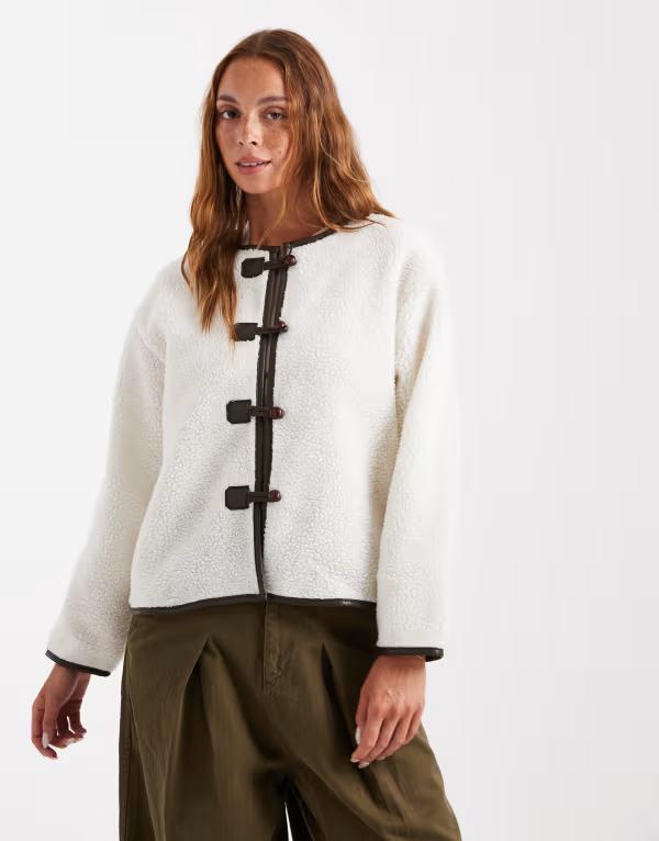 ブレーブソウル レディース アウター ジャケット・ブルゾン ジャケット Brave Soul teddy collarless jacket with toggle closures in cream CREAM クリーム|ReVida 店