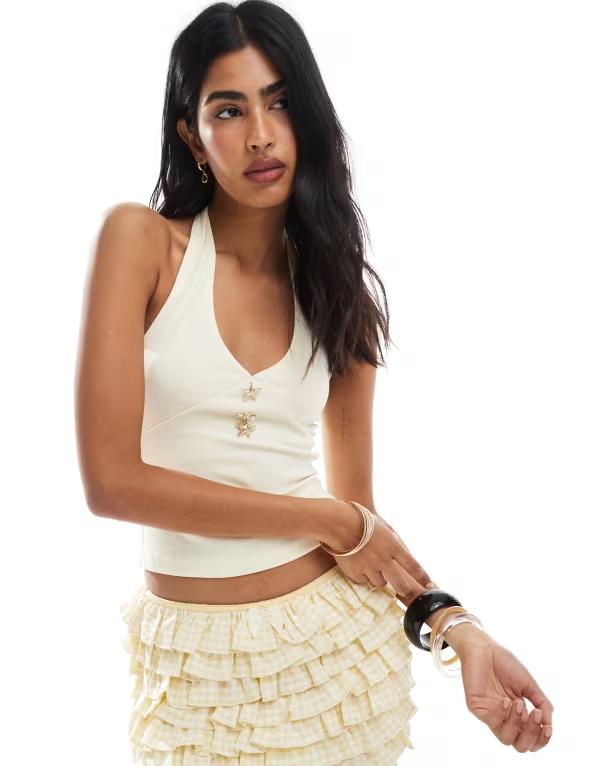 ミスセルフフリッジ レディース トップス 貯蔵タンクいの一番 ホルター Miss Selfridge shell button halter top インチ butter Butter レディースファッション-トップス-タンクトップ