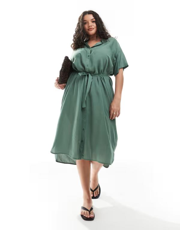 ヴェロモーダ レディース トップス ワンピース ミディワンピース ミディ シャツ Vero Moda Curve shirt midi dress with tie belt Laurel Wreath グリーン