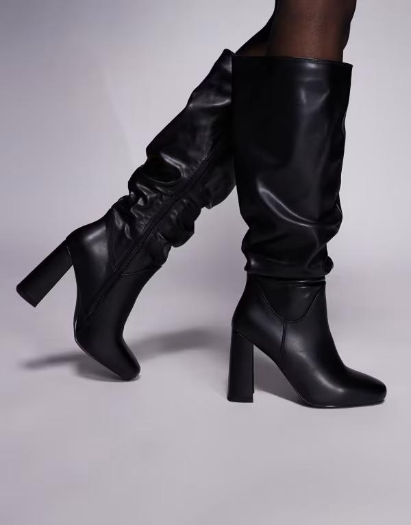 シミ レディース シューズ ブーツ・レインブーツ ギャザー ブーツ ヒール SIMMI Shoes Simmi London Hanzel ruched block heeled knee boots BLACK PU ブラック