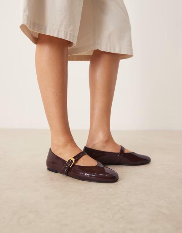 エイソス レディース シューズ パンプス ASOS DESIGN Leah mary jane ballet flats patent Brown patent ブラウン