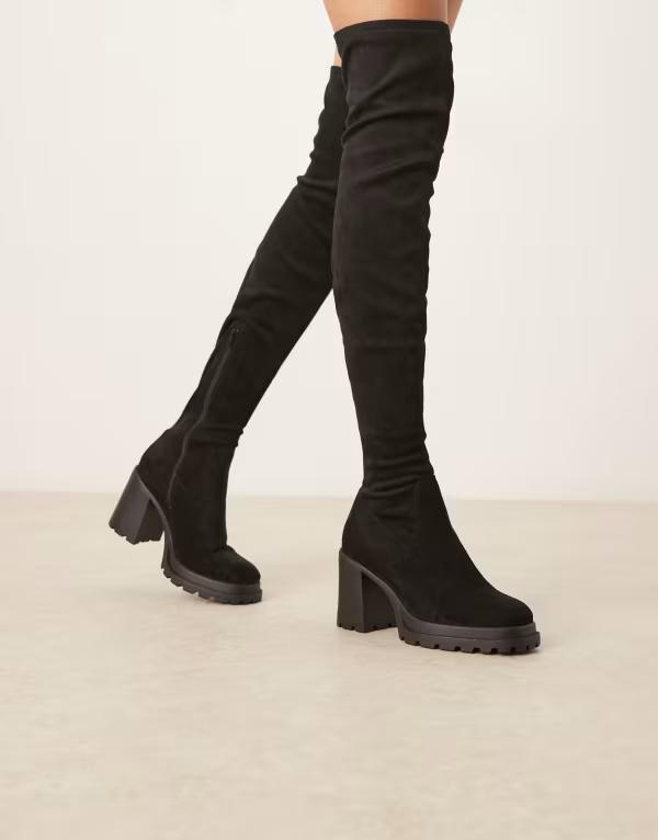 エイソス レディース シューズ ブーツ・レインブーツ スエード ブーツ ヒール ASOS DESIGN Kai chunky heeled over the knee boots suedette Black ブラック