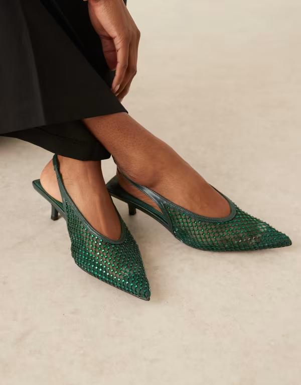 エイソス レディース シューズ ヒール ASOS DESIGN Sydney slingback kitten heel shoes embellished GREEN EMBELLISHED グリーン