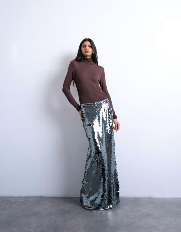 トップショップ レディース ボトムス スカート スパンコール マキシ Topshop sequin column maxi skirt Gunmetal ガンメタル