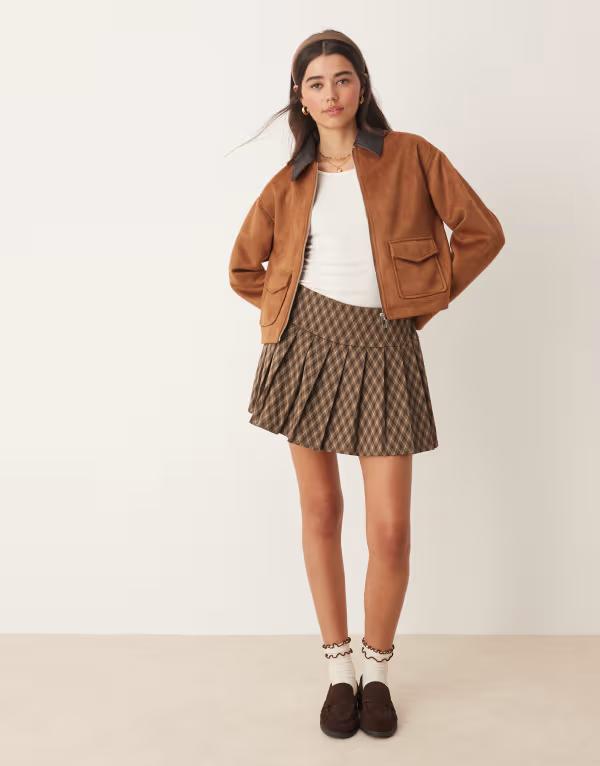ミスセルフフリッジ レディース ボトムス スカート プリーツ ジャージー Miss Selfridge jersey plaid pleated skort BROWN PLAID ブラウン