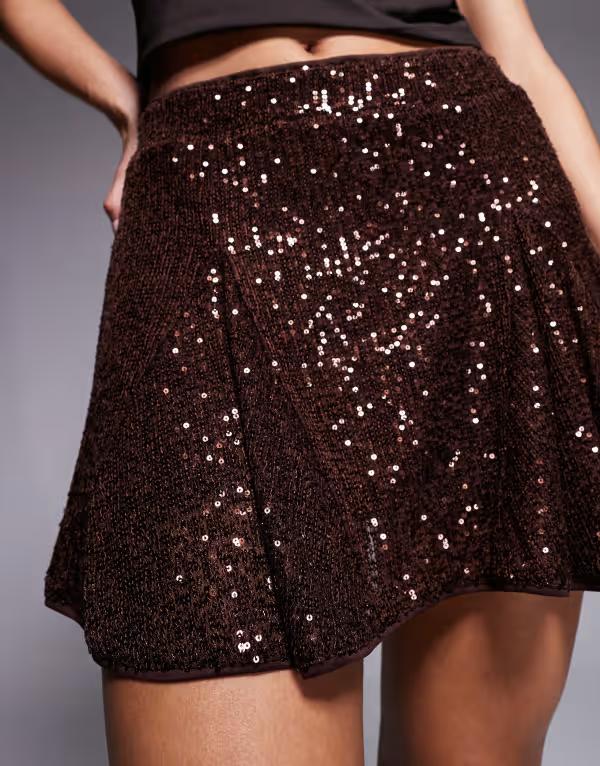 エイソス レディース ボトムス スカート ミニ スパンコール ASOS DESIGN allover sequin godet flippy mini skirt in chocolate Chocolate チョコレート