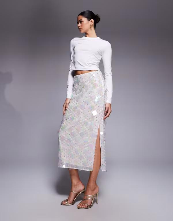 エイソス レディース ボトムス スカート ミディ スパンコール ASOS DESIGN embellished disc sequin midi skirt White ホワイト