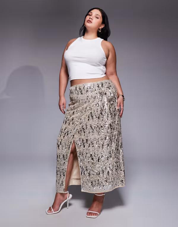 エイソス レディース ボトムス スカート ミディ スパンコール ASOS Curve ASOS DESIGN Curve mixed sequins wrap midi skirt in champagne Champagne シャンパン