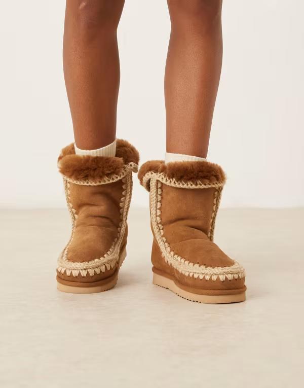 モウ レディース シューズ ブーツ・レインブーツ スエード ブーツ Mou 24 shearling suede boots in cognac TAN タン