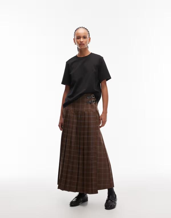 エイソス レディース ボトムス スコート 筋目 midi ASOS DESIGN buckle detail pleated kilt MIDI skirt plaid Blue check 青み