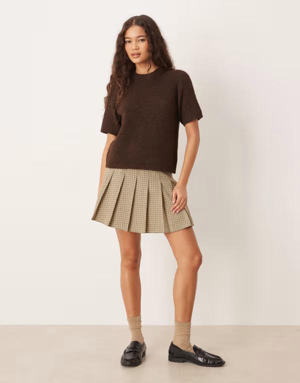 エイソス レディース ボトムス スコート 筋目 ミニ ASOS DESIGN pleated mini skirt インチ check Brown check 赤銅色 ボトムス-スカート