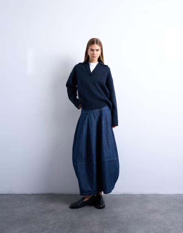 とっ始め販売店 レディース ボトムス スコート ジーンズ マキシ Topshop denim seamed barrel cut maxi skirt インチ rich Rich blue 青み