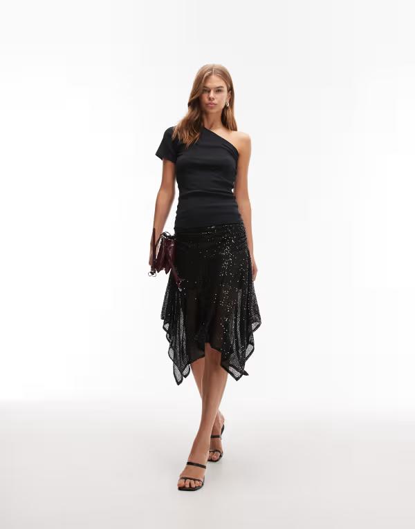 エイソス レディース ボトムス スカート メッシュ スパンコール ASOS DESIGN allover sequin mesh handkerchief hem skirt Black ブラック