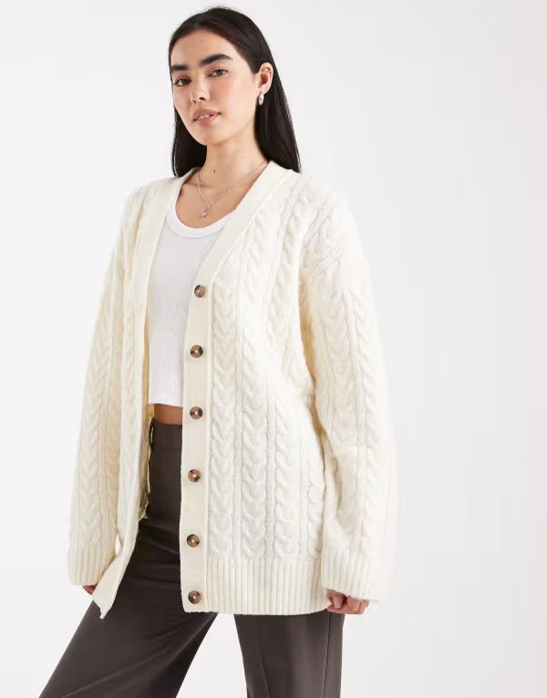 ミスセルフフリッジ レディース アウター カーディガン Miss Selfridge oversized longline cable cardigan in cream CREAM クリーム