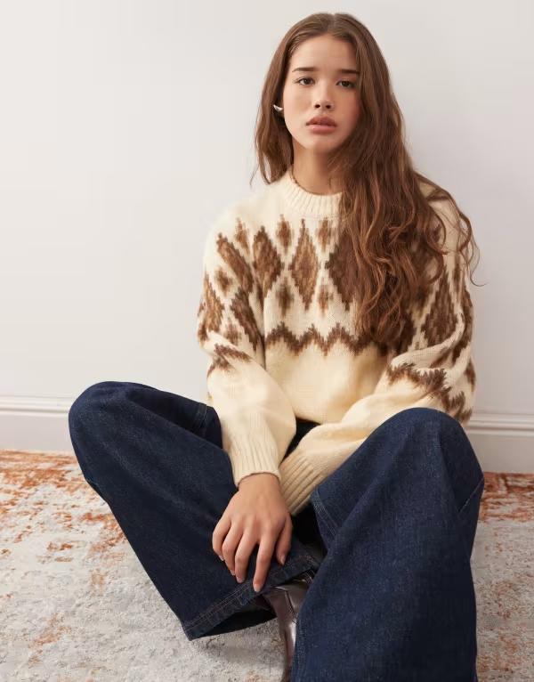 リクレイム ヴィンテージ レディース アウター ニット・セーター クルーネック セーター ニット Reclaimed Vintage crew neck knit sweater in cream fairisle pattern cream クリーム