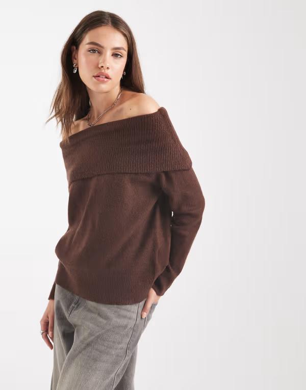 ブレーブソウル レディース アウター ニット・セーター セーター ニット Brave Soul knit off the shoulder sweater BROWN ブラウン｜ReVida 店