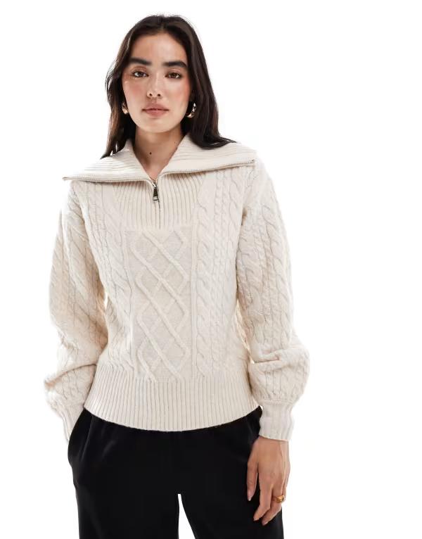 スリードベア レディース アウター ニット・セーター セーター ニット Threadbare cable knit 1/4 zip sweater with collar in ecru ECRU エクリュ|ReVida 店
