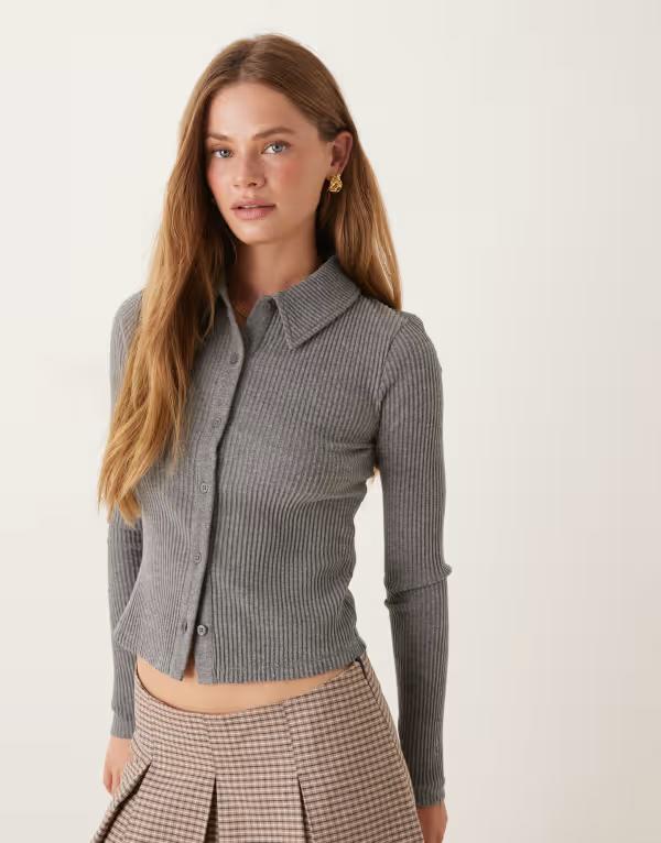 エイソス レディース アウター カーディガン リブニット ニット ASOS DESIGN Supersoft shrunken brushed rib knit collared cardigan in heathered charcoal Charcoal marl チャコール