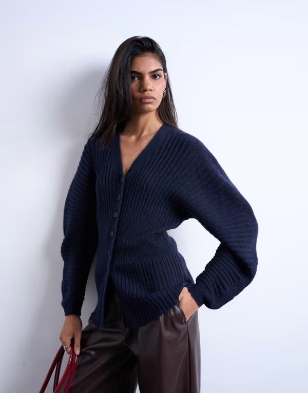 とっ始め販売店 レディース アウター ジレー 編み物 Topshop knit cocoon sleeves cinch cardigan Navy 米国海軍
