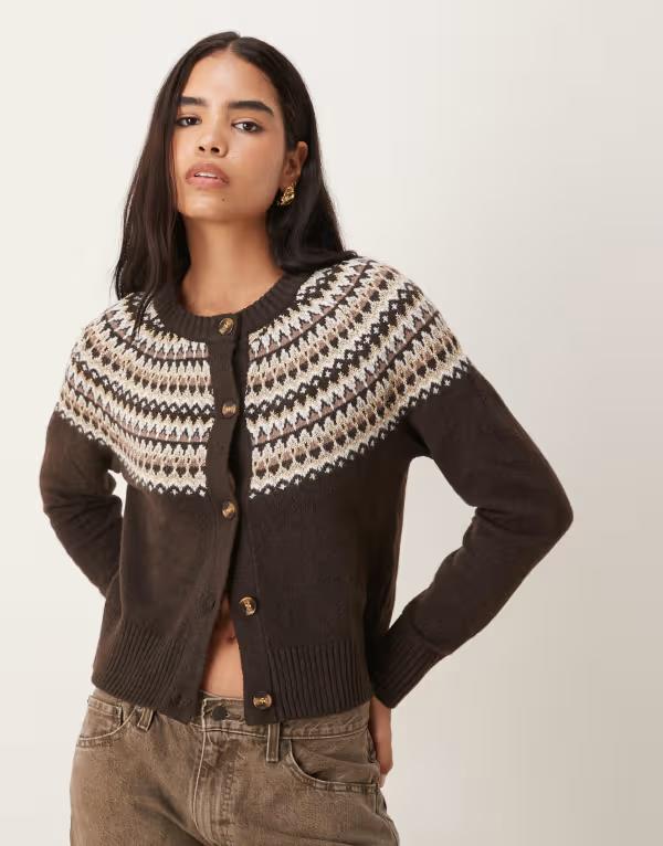 スリードベア レディース アウター カーディガン クルーネック プリント Threadbare crew neck cardigan with fairisle detail print BROWN ブラウン