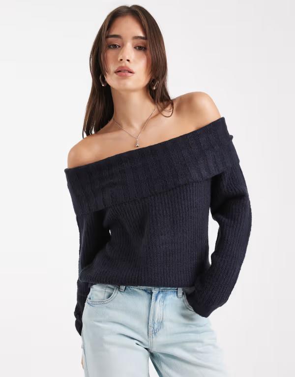 ウェンズデーガール レディース アウター ニット・セーター オフショルダー セーター Wednesday's Girl soft oversized off-shoulder sweater NAVY ネイビー