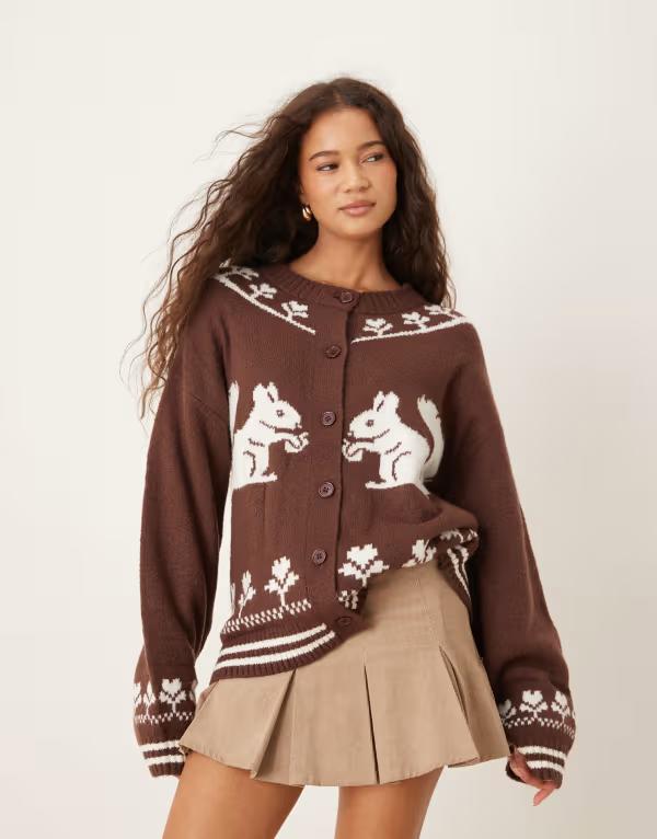 ネオンローズ レディース アウター カーディガン Neon Rose squirrel detailed button up cardigan BROWN ブラウン