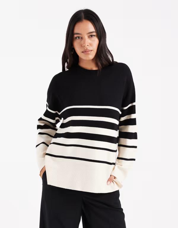 ヴェロモーダ レディース アウター ニット・セーター セーター Vero Moda o-neck sweater with cream variegated stripes Black ブラック