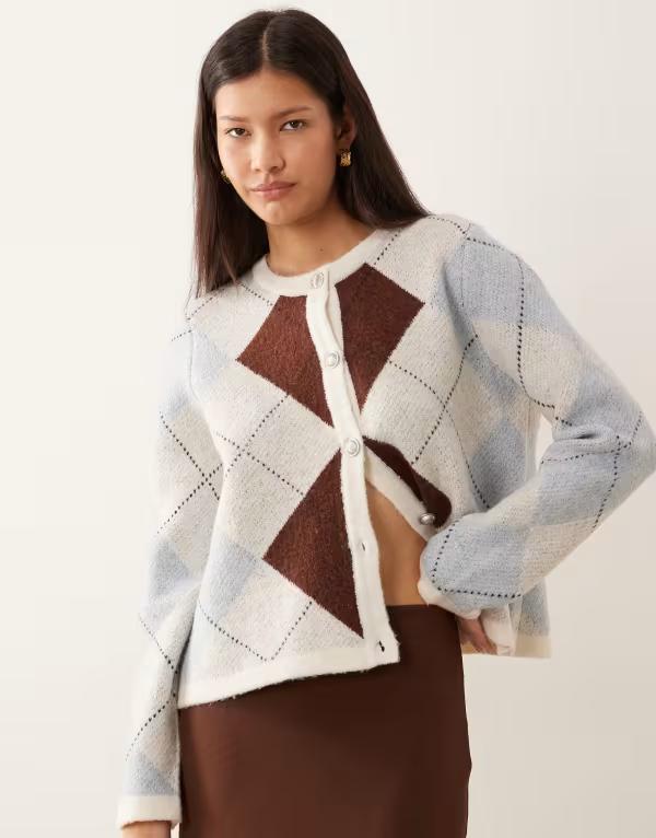 ヴィラ レディース アウター カーディガン ニット Vila argyle plaid knit cardigan and pastels Birch CHERRY バーガンディ｜ReVida 店