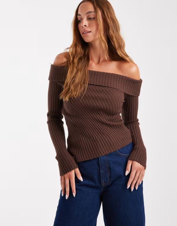 コットンオン レディース アウター ニット・セーター セーター ニット Cotton On luxe off the shoulder knit sweater BROWN ブラウン｜ReVida 店 10,765円
