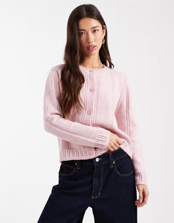 ピーシーズ レディース アウター カーディガン Pieces textured cardigan in pale Dawn pink ピンク