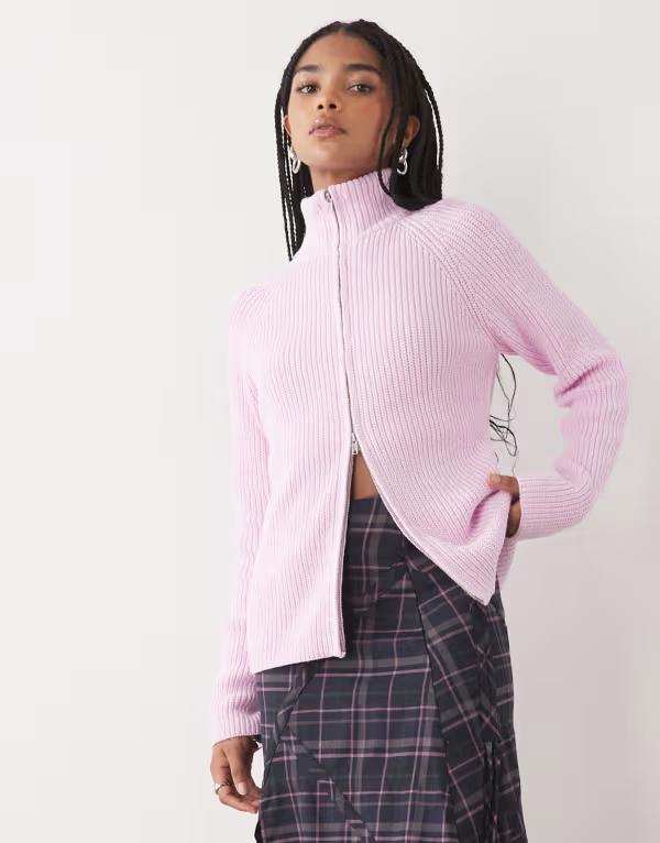 モンキ レディース アウター カーディガン リブニット ニット Monki rib knit two way zipper cardigan in dusty Dusty Pink ピンク|ReVida 店