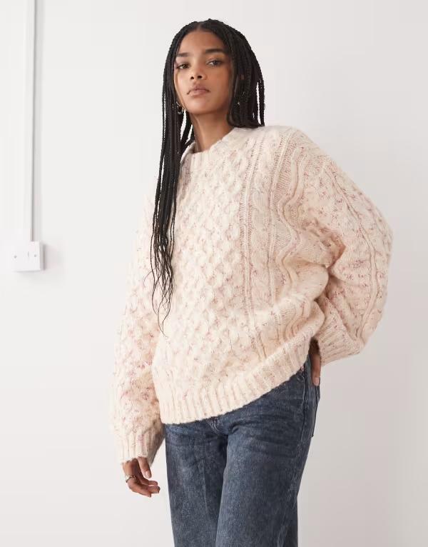 モンキ レディース アウター ニット・セーター ウール セーター ニット Monki wool blend chunky oversized cable knit sweater Beige ベージュ